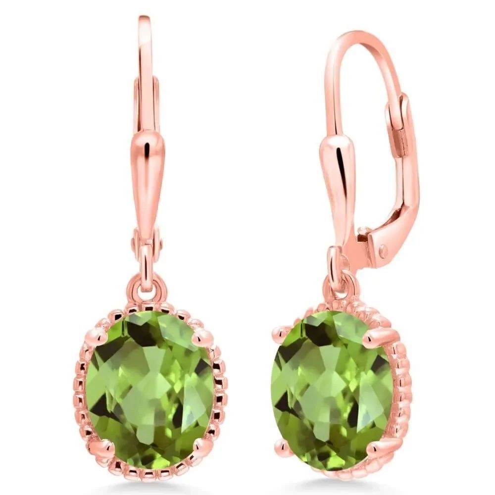 18K Rose Gold 925 with 4.20 Cttw Peridot Oval Leverback Hook Earrings